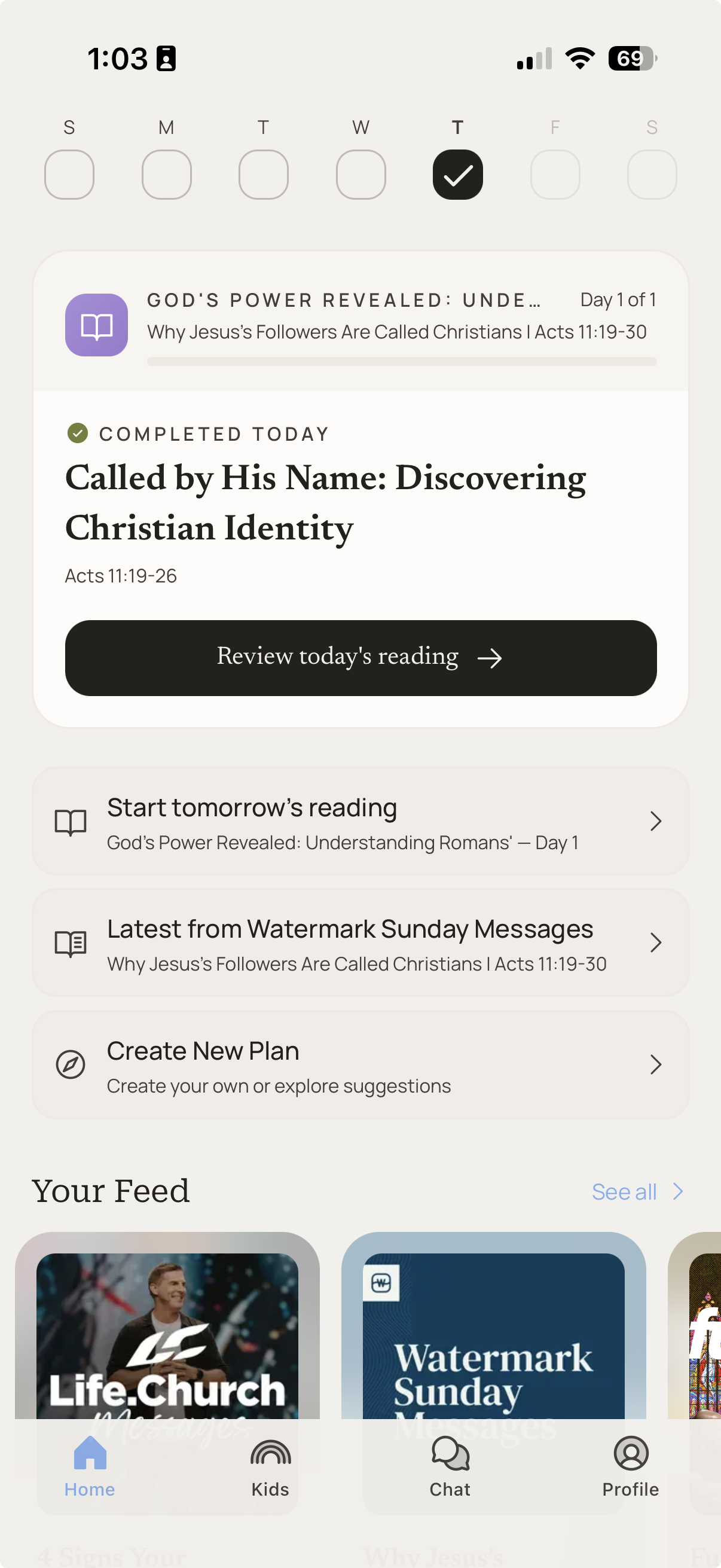 Shep app home screen showing daily devotional and weekly progress tracker