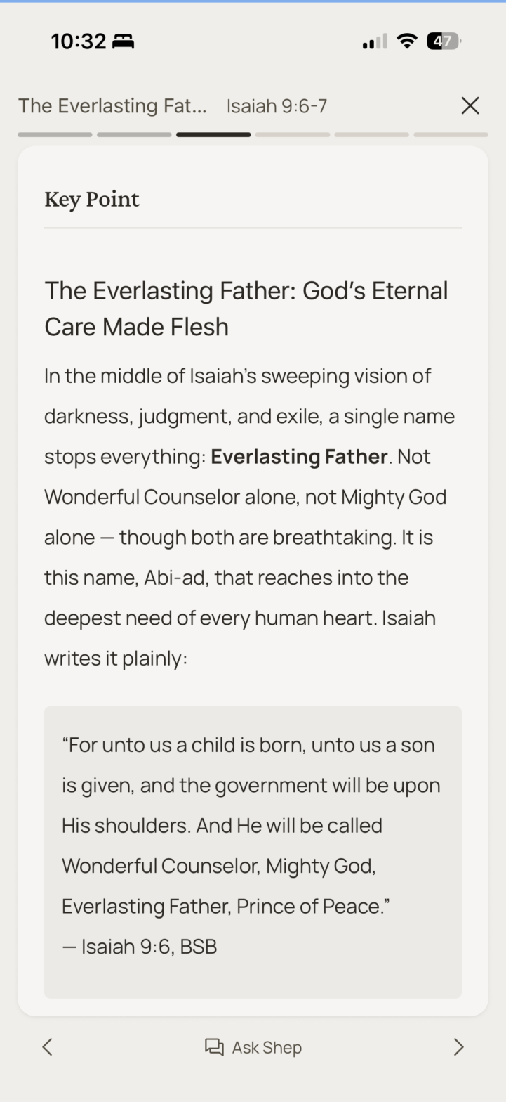 Shep devotional key point on Isaiah 9:6-7, The Everlasting Father